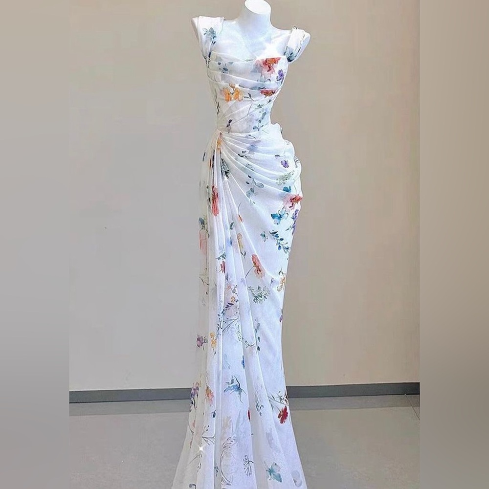 French Water Flower Draped Maxi Dress : Size Small
